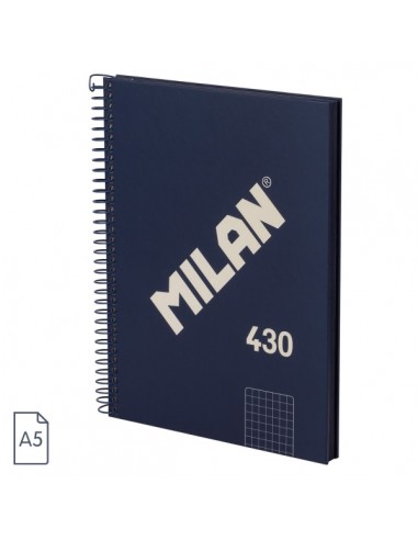 Milan Serie 1918 Cuaderno Espiral Formato A5 Cuadricula 5x5mm - 80 Hojas de 95 gr m2 - Microperforado-2 Taladros - Color Azul