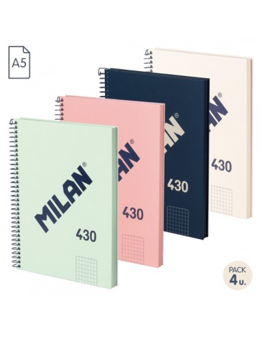 Milan Serie 1918 Pack de 4 Cuadernos Espiral Formato A5 Cuadricula 5x5mm - 80 Hojas de 95 gr m2 - Microperforado-2 Taladros