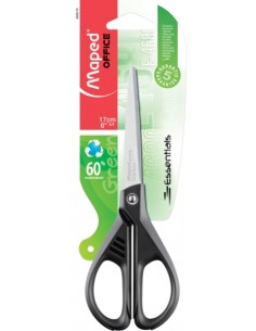 Maped Essentials Tijeras de Acero Inoxidable 17cm Simetricas - Hojas Afiladas - Mangos 60-de Plastico Recicldo - Color Negro