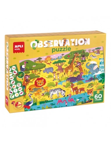 Apli Puzzle Observacion Junior Jungla de 60 Piezas de 6x6cm - Incluye Poster y 1 Ficha con Diferentes Objetos - Desarrolla la