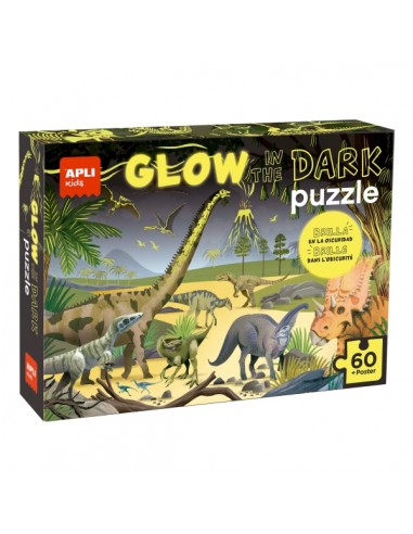 Apli Glow in the Dark Puzzle Fluorescente de 60 Piezas 6x6cm - Tematica Dinosaurios - Efecto Fluorescente que Revela Diseños