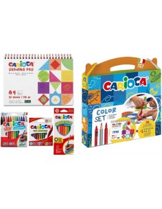 Carioca Color Set Pack con 12 Ceras-12 Rotuladores y 12 Lapices de Colores-Bloc de Dibujo A4 - Colores Surtidos
