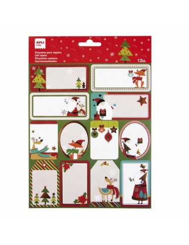 Apli Pack de 12 Etiquetas Adhesivas Navideñas para Regalos - Tamaños y Diseños Surtidos - Espacio para Escribir
