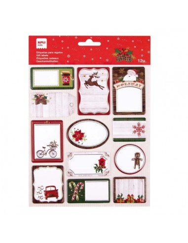 Apli Pack de 12 Etiquetas Adhesivas Navideñas para Regalos - Tamaños y Diseños Surtidos - Espacio para Escribir
