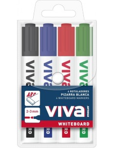 Molin Viva Pack de 4 Rotuladores para Pizarra Blanca - Punta Redonda de Fibra Sintetica - Trazo 3mm - Tinta con Base de