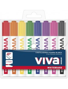 Molin Viva Pack de 8 Rotuladores para Pizarra Blanca - Punta Redonda de Fibra Sintetica - Trazo 3mm - Tinta con Base de