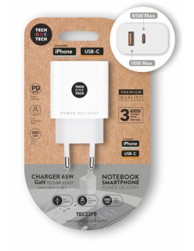 TechOneTech Cargador de Pared PD 65W con 1 Puerto USB-C-1 Puerto USB-A