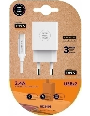 CARGADOR TECHONE DOBLE + CABLE USB-USB-C