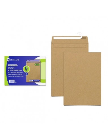 Bismark Pack de 6 Sobres de Papel Kraft 90gr - Medidas 184x261mm - Cierre Autoadhesivo - Color Marron