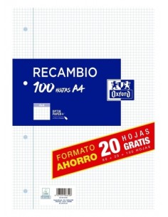 Oxford Recambio Formato A4 Cuadriculado 4x4mm 4 Taladros - 80 Hojas-20 Gratis 90gr con Margen