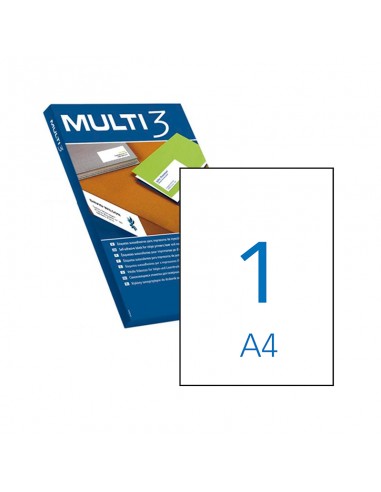 Multi3 Pack de 100 Etiquetas Blancas Cantos Rectos Tamaño 210.0X297.0mm con Adhesivo Permanente para Multiples Usos
