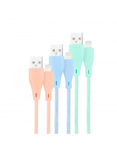 Nanocable Pack de 3 Cables Mallados USB-A Macho a Lightning Macho - Longitud 1m - Colores Pastel Rosa-Verde y Azul