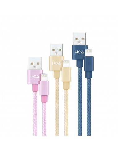 Nanocable Pack de 3 Cables Mallados USB-A Macho a Lightning Macho - Longitud 1m - Colores Rosa-Dorado y Azul