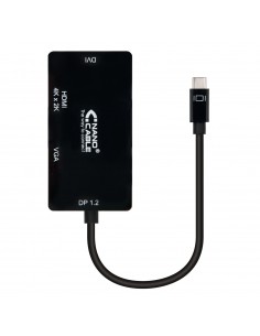 Nanocable Conversor USB-C a SVGA-DVI-HDMI - 3 en 1. USB-C M-VGA H-DVI H-HDMI H 4K - 10 cm - Color Negro