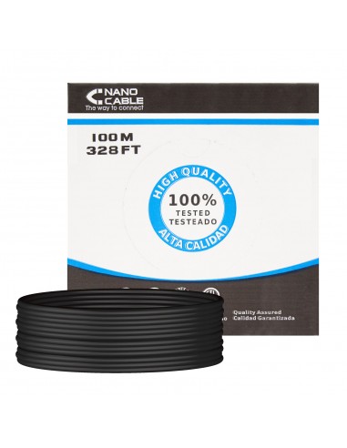Nanocable Bobina de Cable de Red Rigido Impermeable para Exterior RJ45 Cat.6 UTP AWG24 100m - Color Negro