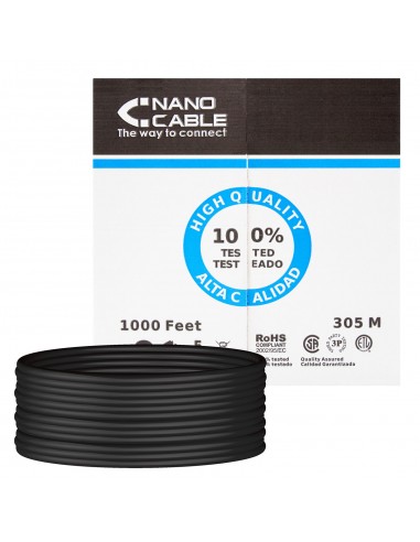 Nanocable Bobina de Cable de Red Rigido Impermeable para Exterior RJ45 Cat.6 UTP AWG24 305m - Color Negro