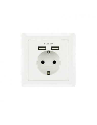 Nanocable Roseta Base de Enchufe de Pared Empotrable Tipo Schuko con 2 Tomas USB 2.4A - Color Blanco