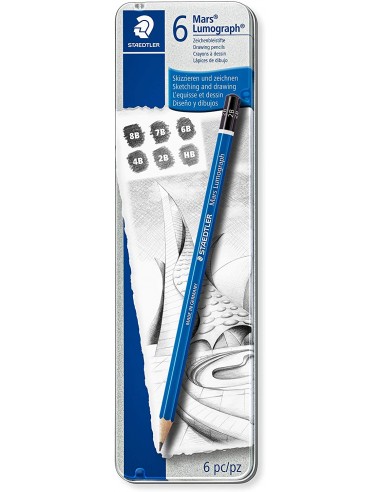Staedtler Mars Lumograph 100 Pack de 6 Lapices de Grafito - Resistencia a la Rotura - Graduaciones Surtidas