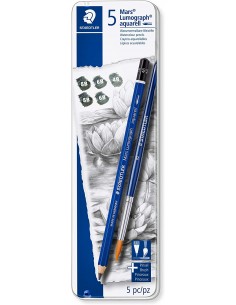 Staedtler Mars Lumograph Aquarell 100A Pack de 5 Lapices de Grafito-Pincel - Resistencia a la Rotura - Graduaciones Surtidas