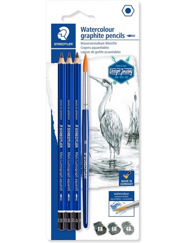 Staedtler Mars Lumograph Aquarell 100A Pack de 3 Lapices de Grafito-Pincel - Resistencia a la Rotura - Graduaciones Surtidas