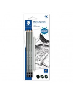 Staedtler Mars Lumograph Charcoal 100C Pack de 3 Lapices de Grafito-Difuminador - Alta Proporción de Carbon y Carboncillo