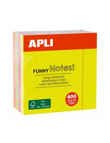 Apli Funny Cubo de 400 Notas Adhesivas 75 x 75 mm - Colores Surtidos Fluorescentes
