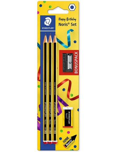 Staedtler Noris 120 Pack de 3 Lapices de Grafito Hexagonales-Goma de Borrar-Sacapuntas - Mina HB Ultrarresistente de 2mm