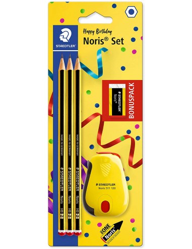 Staedtler Noris 120 Pack de 3 Lapices de Grafito Hexagonales-Goma de Borrar-Sacapuntas - Mina HB Ultrarresistente de 2mm