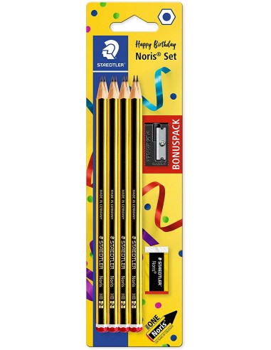 Staedtler Noris 120 Pack de 8 Lapices de Grafito Hexagonales-Goma de Borrar-Sacapuntas - Mina HB Ultrarresistente de 2mm