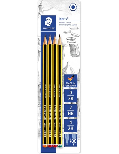 Staedtler Noris 120 Pack de 4 Lapices de Grafito Hexagonales - Graduaciones Surtidas - Resistencia a la Rotura - Madera de