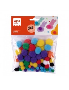 Apli Pack de 78 Pompones - Medidas Surtidas Ø 8 mm-Ø 10 mm-Ø 12 mm-Ø 15 mm y Ø 20 mm - Colores Surtidos