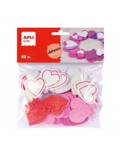 Apli Formas de Corazones Adhesivas de Goma Eva - 52 Formas - Medidas Surtidas - Material Suave y Seguro - Colores Surtidos