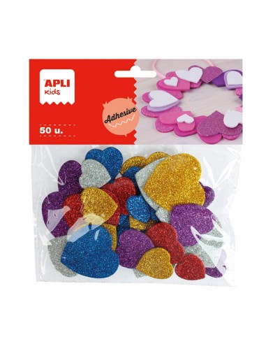 Apli Formas de Corazones Adhesivas de Goma Eva - 50 Formas - Medidas Surtidas - Material Suave y Seguro - Colores Surtidos