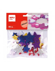 Apli Formas de Estrellas Adhesivas de Goma Eva - 50 Formas - Medidas Surtidas - Material Suave y Seguro - Colores Surtidos