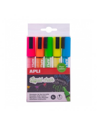 Apli Pack de 5 Rotuladores de Tiza Liquida Punta Redonda - Punta 5.5 mm - Secado Rapido - Colores Surtidos