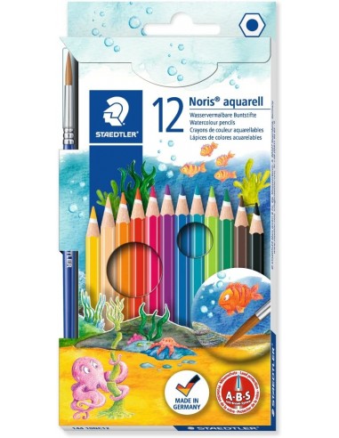 Staedtler Noris Aquarell Pack de 12 Lapices Hexagonales de Colores-Pincel - Madera de Bosques Sostenibles - Colores Surtidos