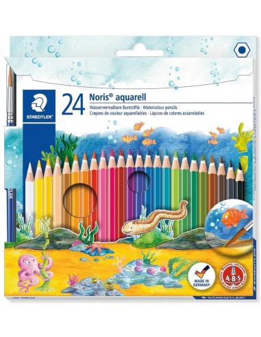 Staedtler Noris Aquarell Pack de 24 Lapices Hexagonales de Colores-Pincel - Madera de Bosques Sostenibles - Colores Surtidos