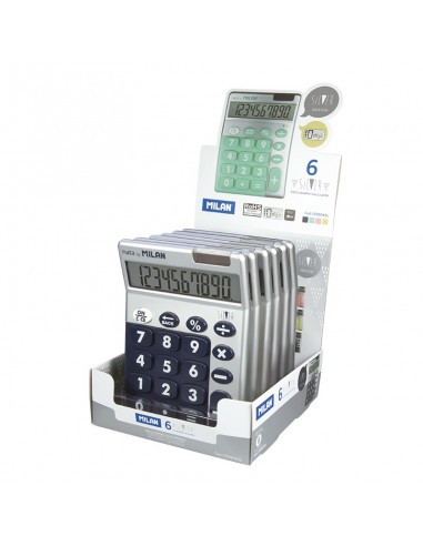Milan Expositor de 6 Calculadoras 10 Digitos Silver - Calculadora de Sobremesa - Teclas Grandes - Tecla Rectificacion Entrada