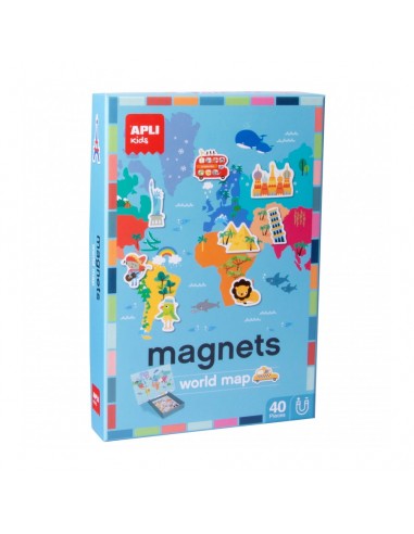 Apli Juego Magnetico Mapamundi - 1 Escenario Imantado 36 x 38 cm - 40 Fichas con Dibujos de Monumentos y Animales