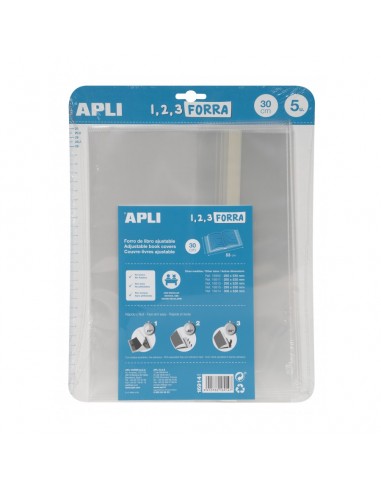 Apli Pack de 5 Forros de Libro con Solapa Ajustable 300 mm - PP - Forra en 3 Pasos