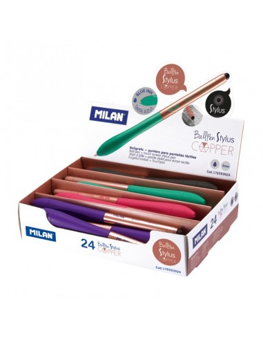 Milan Stylus Copper Expositor de 24 Boligrafos de Bola Retractiles - Punta 1mm - Puntero para Pantalla Tactil - Cuerpo de