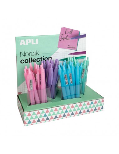 Apli Nordik Expositor con 48 Boligrafos de Gel - Punta 0.5mm - Tinta Azul - Acabado Silicona - Colores de Cuerpos Surtidos