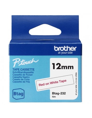 Brother Btag-232 Cinta 12mm - Texto Rojo sobre Fondo Blanco - Medidas 12mmx4 Metros - Apta para PTN10-PTN20-PTN25BT