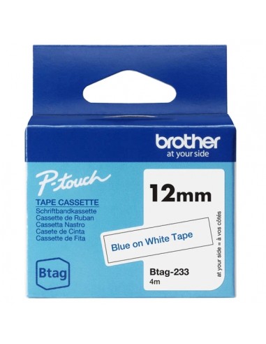 Brother Btag-233 Cinta 12mm - Texto Azul sobre Fondo Blanco - Medidas 12mmx4 Metros - Apta para PTN10-PTN20-PTN25BT