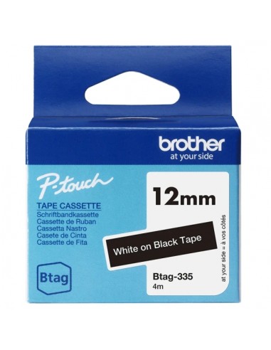 Brother Btag-335 Cinta 12mm - Texto Blanco sobre Fondo Negro - Medidas 12mmx4 Metros - Apta para PTN10-PTN20-PTN25BT