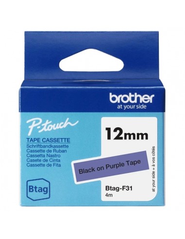 Brother Btag-F31 Cinta 12mm - Texto Negro sobre Fondo Morado - Medidas 12mmx4 Metros - Apta para PTN10-PTN20-PTN25BT