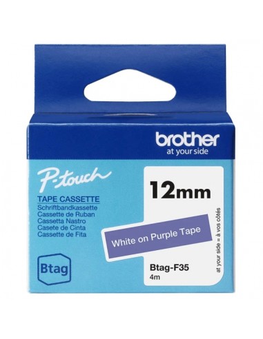 Brother Btag-F35 Cinta 12mm - Texto Blanco sobre Fondo Morado - Medidas 12mmx4 Metros - Apta para PTN10-PTN20-PTN25BT