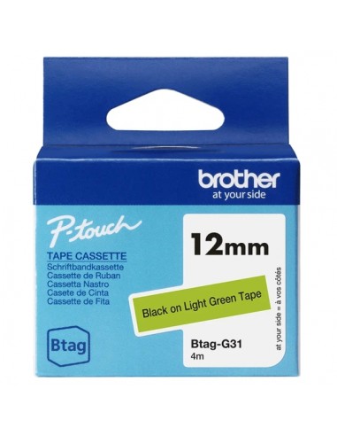 Brother Btag-G31 Cinta 12mm - Texto Negro sobre Fondo Verde - Medidas 12mmx4 Metros - Apta para PTN10-PTN20-PTN25BT