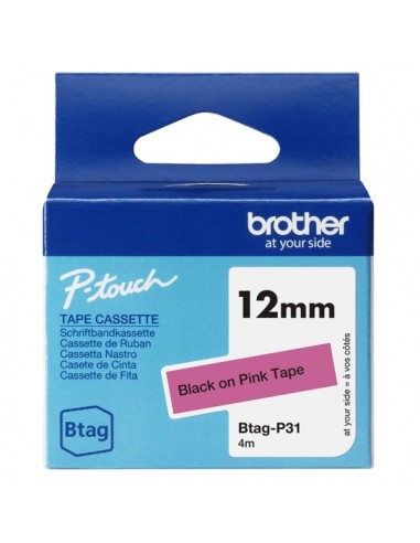 Brother Btag-P31 Cinta 12mm - Texto Negro sobre Fondo Rosa - Medidas 12mmx4 Metros - Apta para PTN10-PTN20-PTN25BT