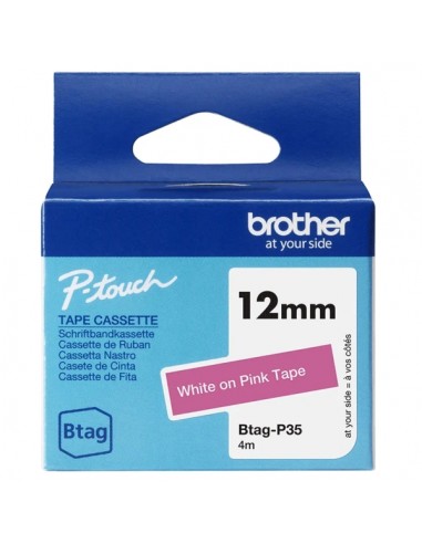Brother Btag-P35 Cinta 12mm - Texto Blanco sobre Fondo Rosa - Medidas 12mmx4 Metros - Apta para PTN10-PTN20-PTN25BT